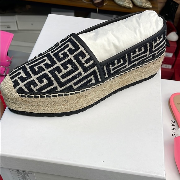 Balmain Black and Cream Espadrille Flats with Platform Sole